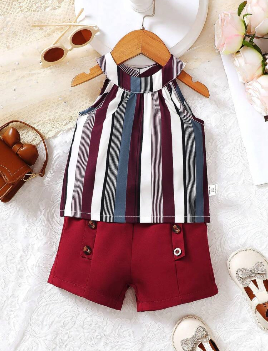 2pcs Baby Girls' Striped Printed Halter Top And Solid Color Shorts Set