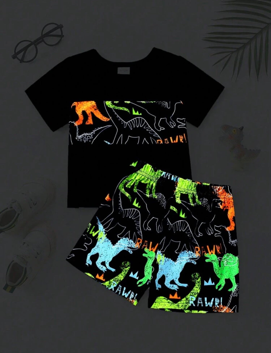 Baby Boy Summer Night Glowing Dinosaur Print Casual Short Sleeve T-Shirt And Shorts Set