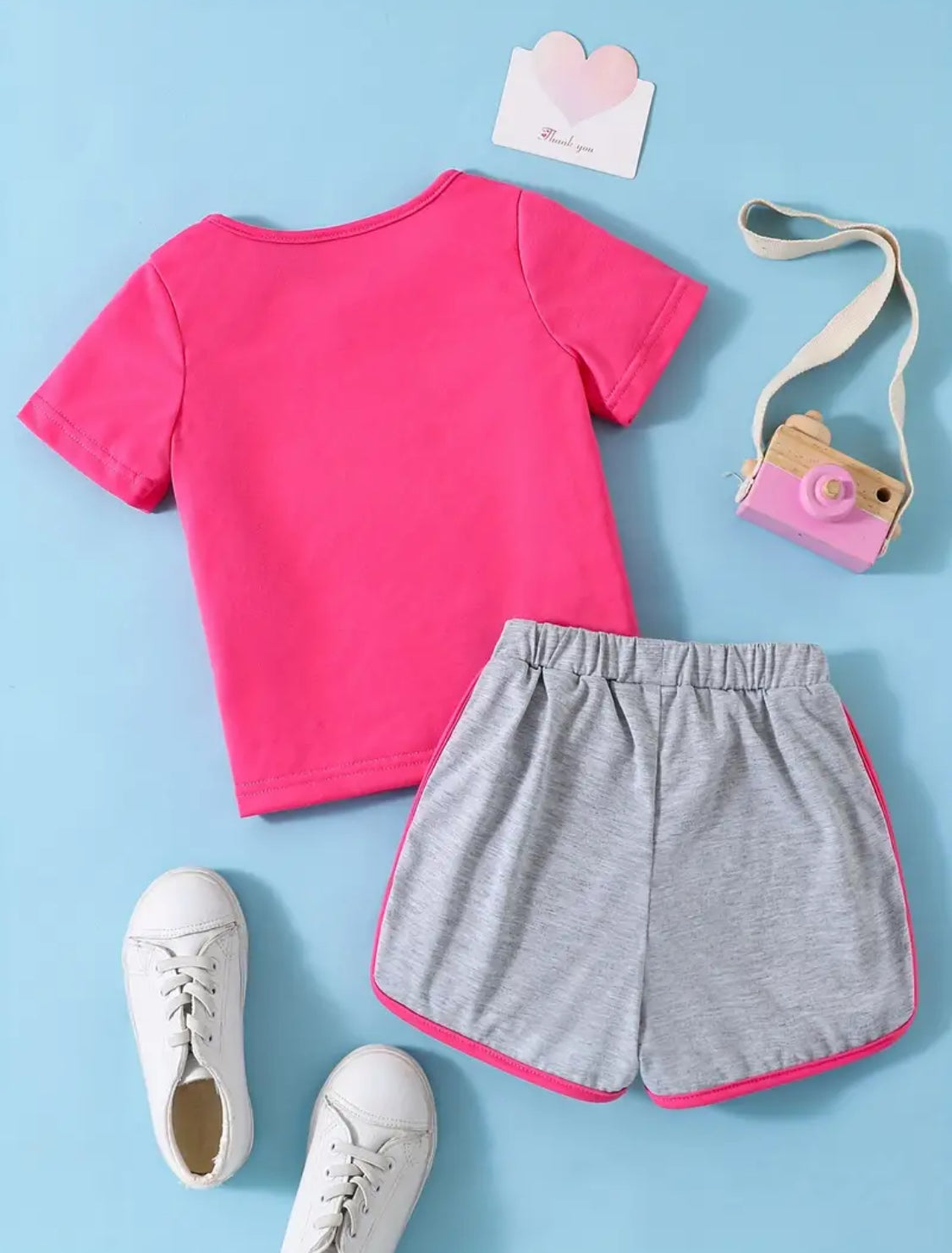 2pcs Toddler Girls Heart Graphic T-Shirts Casual Round Neck Tees Top & Contrast Binding Track Shorts Kids Summer Clothes