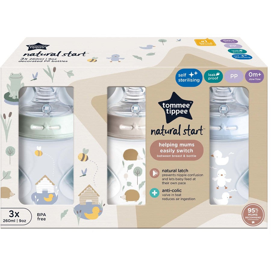 Tommee Tippee Baby Bottles, Natural Start Anti-Colic Baby Bottle with Slow Flow Breast-Like Teat 260ml 0m+ Self-Sterilising Decorated 3 Pack