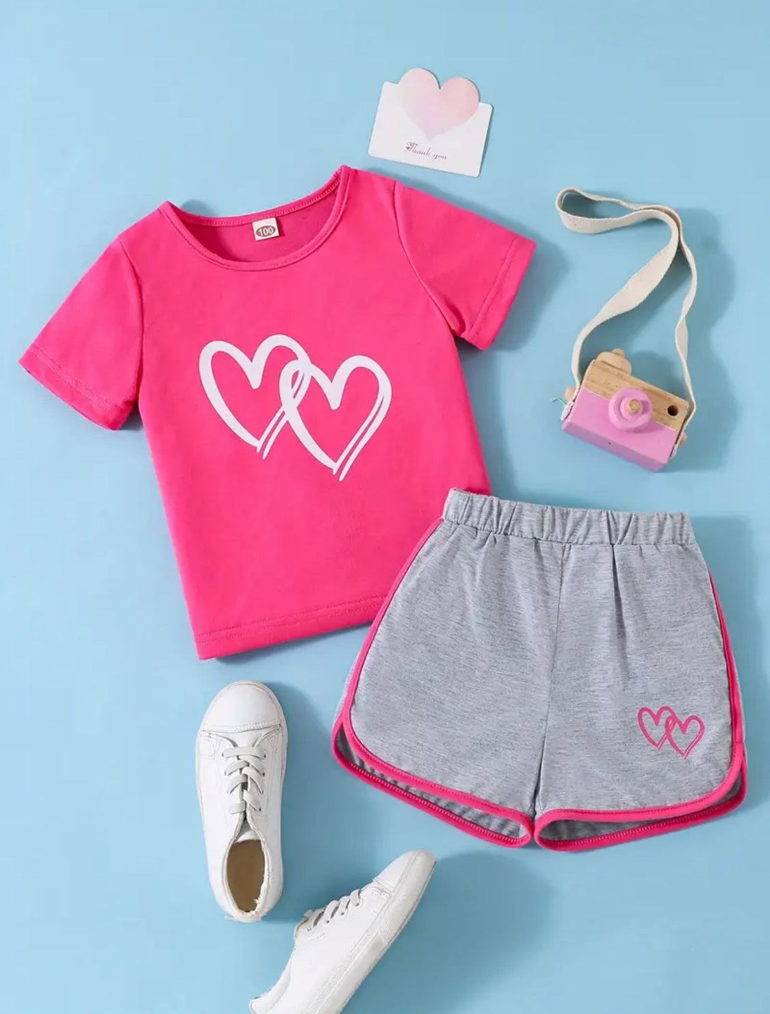 2pcs Toddler Girls Heart Graphic T-Shirts Casual Round Neck Tees Top & Contrast Binding Track Shorts Kids Summer Clothes