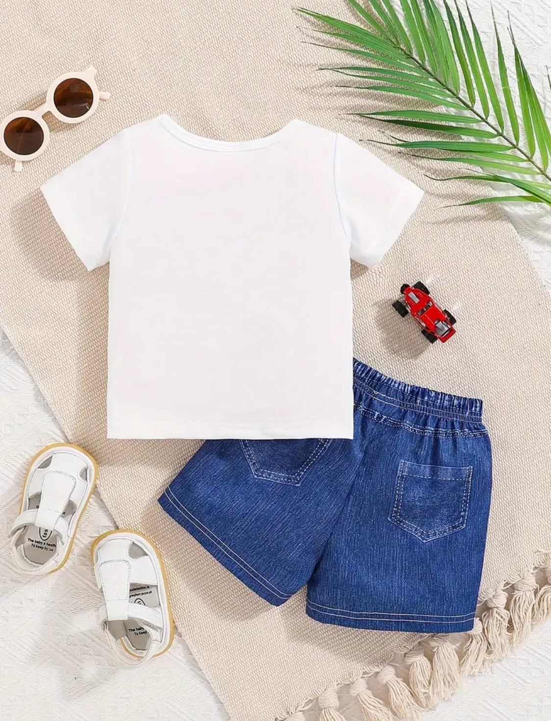 2pcs Baby Boys Toddler Short Sleeve T-Shirt & Denim Look Shorts Set, Casual Cool Monster Truck Print, Faux Button Pockets, Summer Outfit - Cute Style, Outdoor Cloth