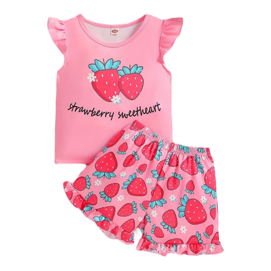 2-Piece Summer Outfits for Girls - Strawberry Print Frill Sleeve Top with Crew Neck and Color Block Details - Full Print Shorts Set with Medium Stretch Fabric and No Padding - Holiday Casual Wear for Going Out