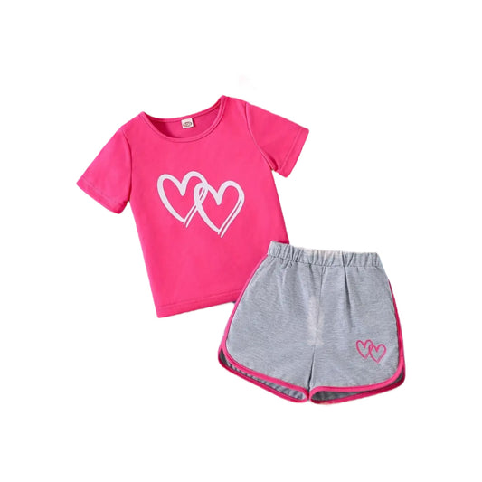 2pcs Toddler Girls Heart Graphic T-Shirts Casual Round Neck Tees Top & Contrast Binding Track Shorts Kids Summer Clothes