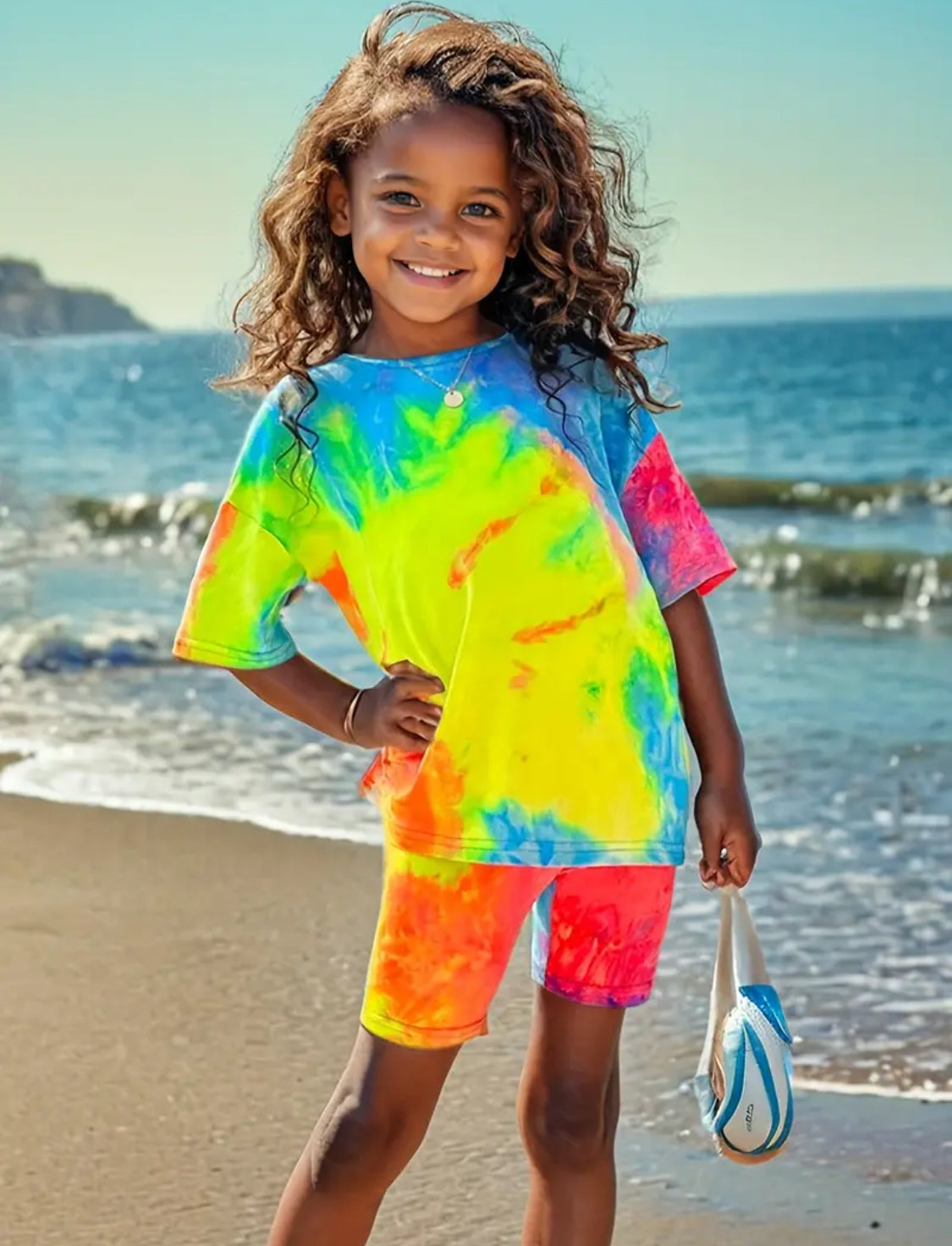 Tie Dye Outfit 2Pcs, Short Sleeve T-Shirt + Shorts Girls Outfit 1 Set - Ideal For Summer & Casual Outings