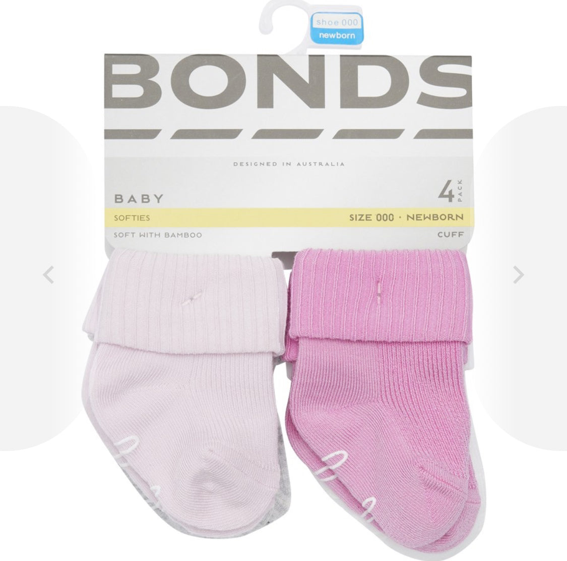 Bonds Baby Bamboo Cuff Socks 4 Pack - Pink & Neutral - Size 000