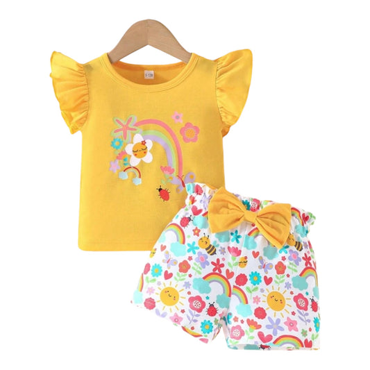 2pcs Baby Girl Cute Summer Garden Painting Print T-Shirt With Bow Shorts Set