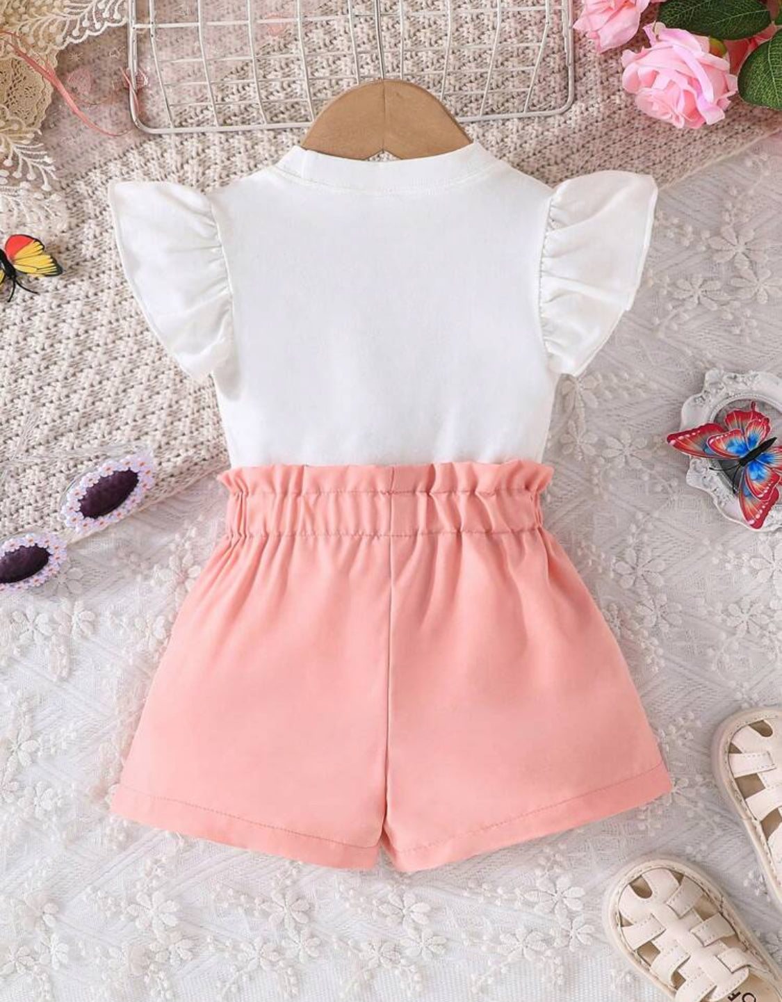 Baby Girls' White Butterfly Placement Print Short Sleeve Top + Pink Elastic Waist Bowknot Shorts, Cute Casual Summer Outfit