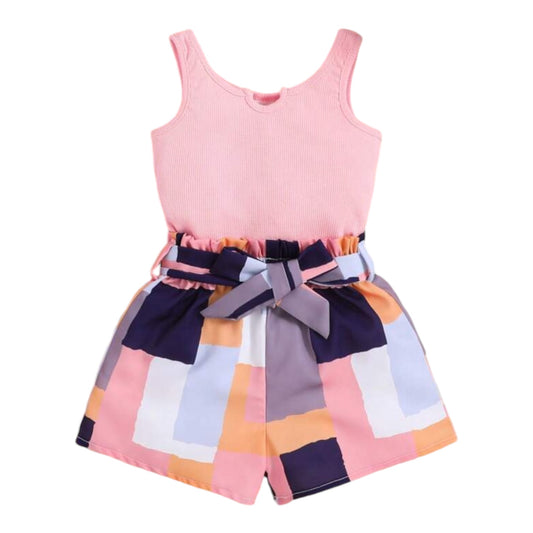 SHEIN Baby Girl Casual Solid Color Vest And Geometric Pattern Belted Shorts Set For Summer