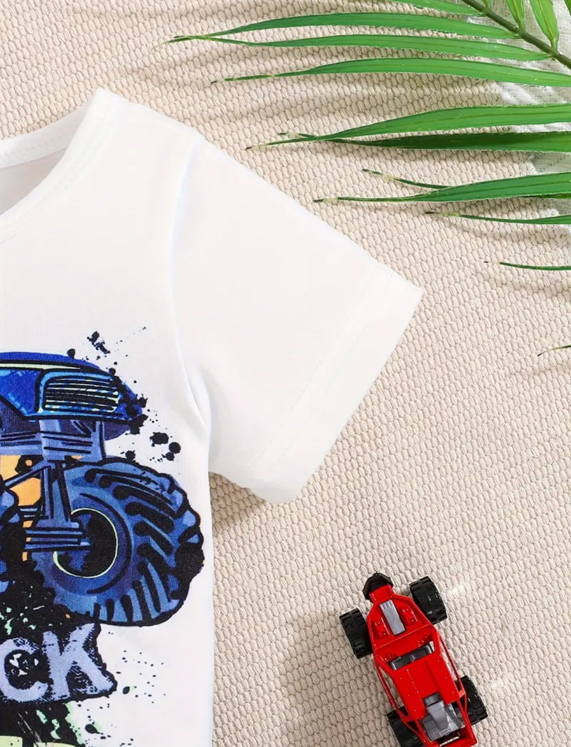 2pcs Baby Boys Toddler Short Sleeve T-Shirt & Denim Look Shorts Set, Casual Cool Monster Truck Print, Faux Button Pockets, Summer Outfit - Cute Style, Outdoor Cloth