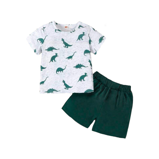 Baby Boys' Dinosaur Print Short Sleeve T-Shirt And Solid Color Shorts Set, Suitable For Spring And Summer