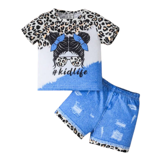 Baby Girl Stylish And Cool Leopard Character Print Short Sleeve T-Shirt With Faux Denim Print Shorts Set