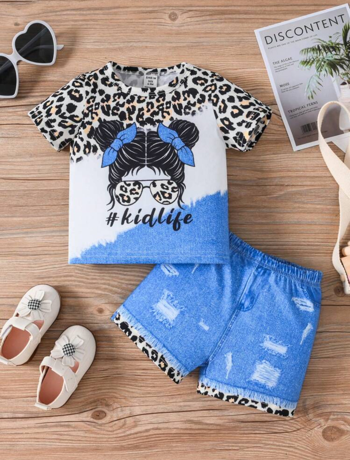 Baby Girl Stylish And Cool Leopard Character Print Short Sleeve T-Shirt With Faux Denim Print Shorts Set