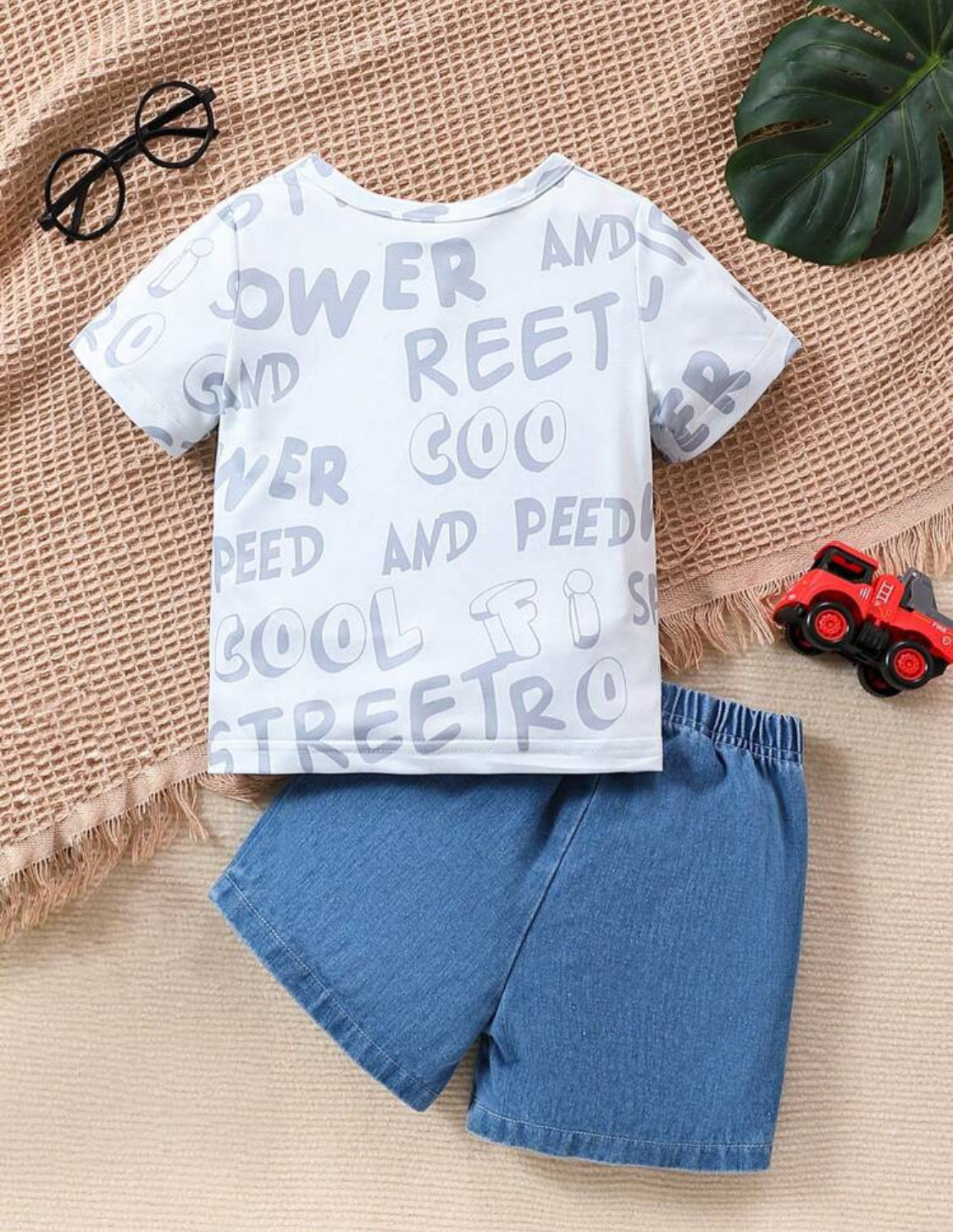 Baby Boy Cool Car Printed T-Shirt And Denim Shorts Set For Summer