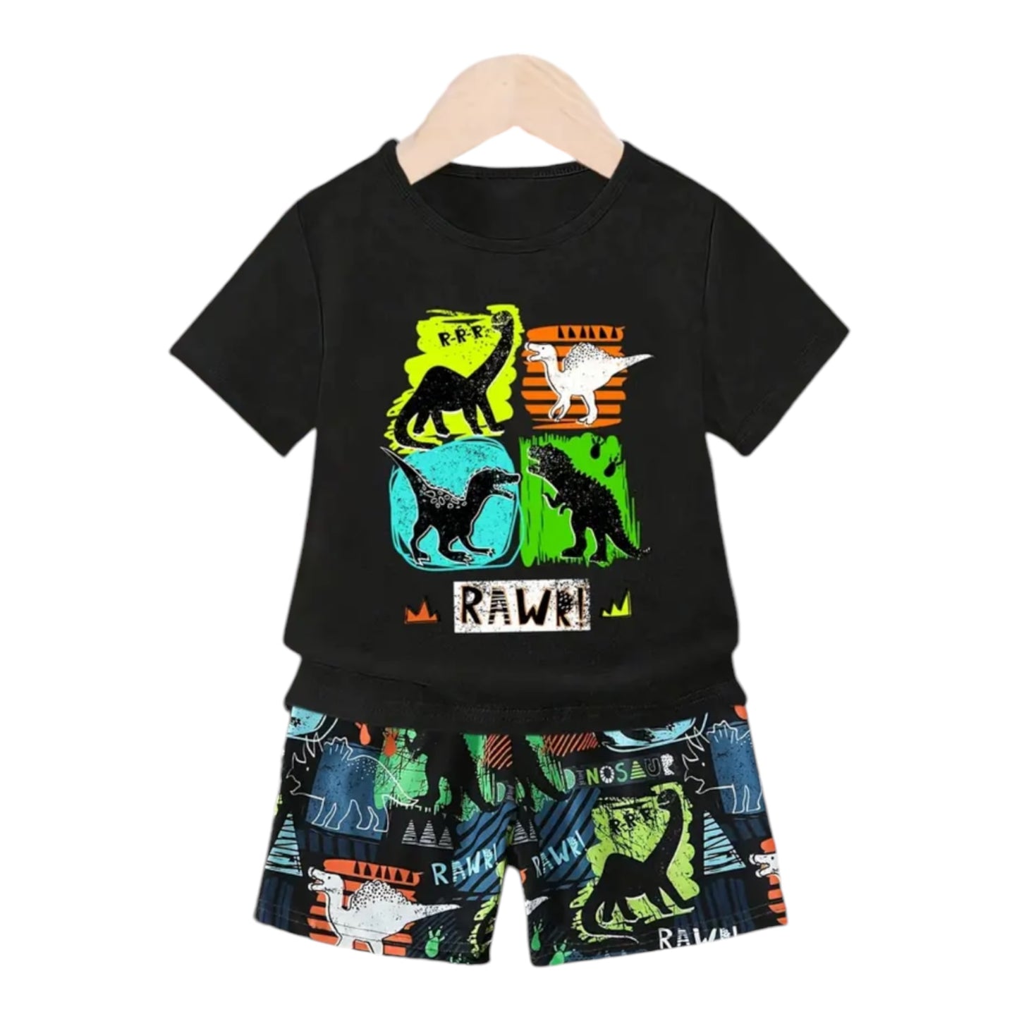 2pcs Boy's Dinosaurs Pattern Short Sleeve T-shirt + Shorts Co-ord Set, Casual Comfy Clothing As Gift