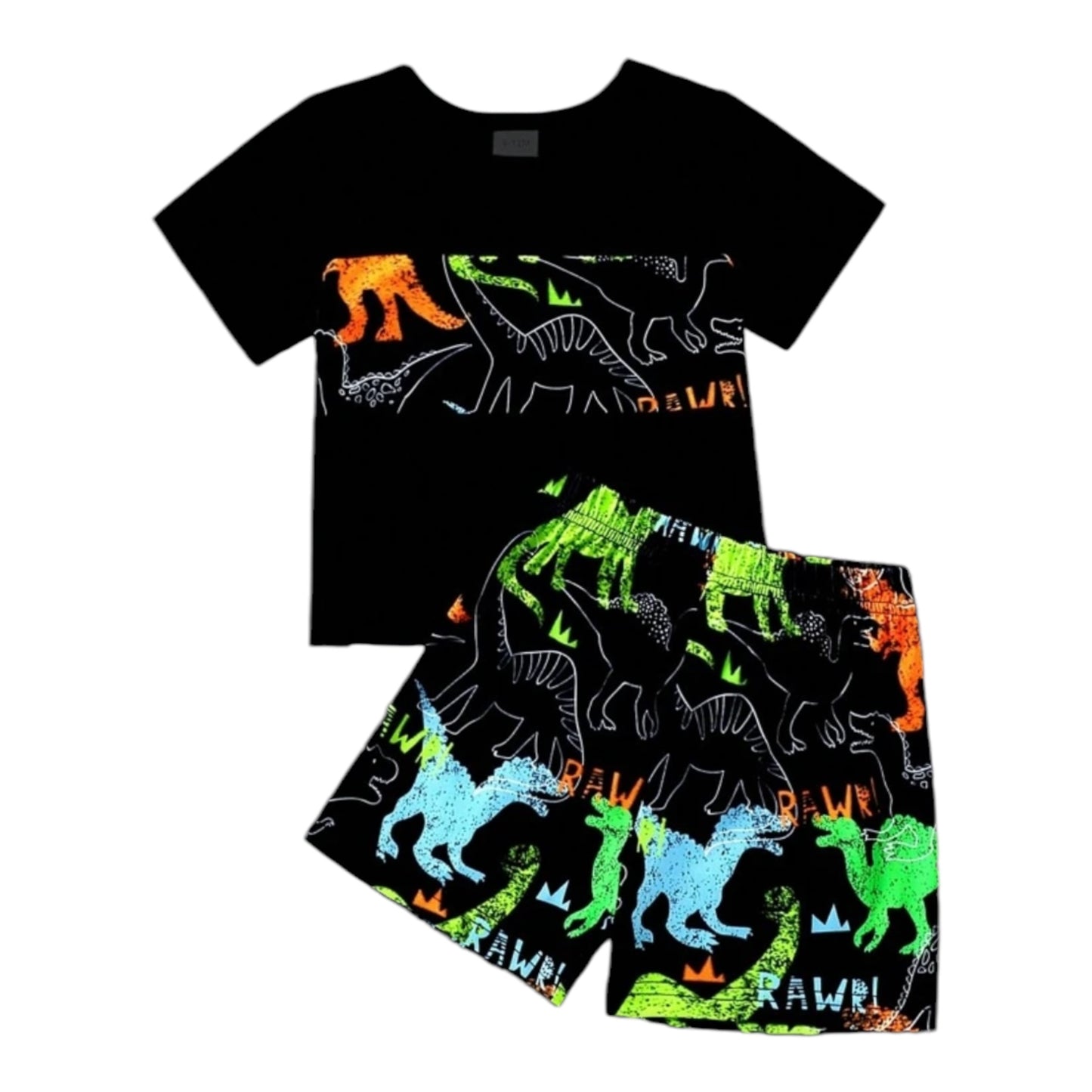 Baby Boy Summer Night Glowing Dinosaur Print Casual Short Sleeve T-Shirt And Shorts Set