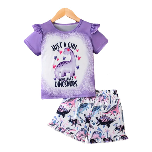 2-Piece Dinosaur Print Toddler Girls Summer Outfit - Soft Medium Stretch Polyester Ruffle Shorts & Tee Set for Daily, Holiday, Party Wear - Cute, Breathable, and Comfortable