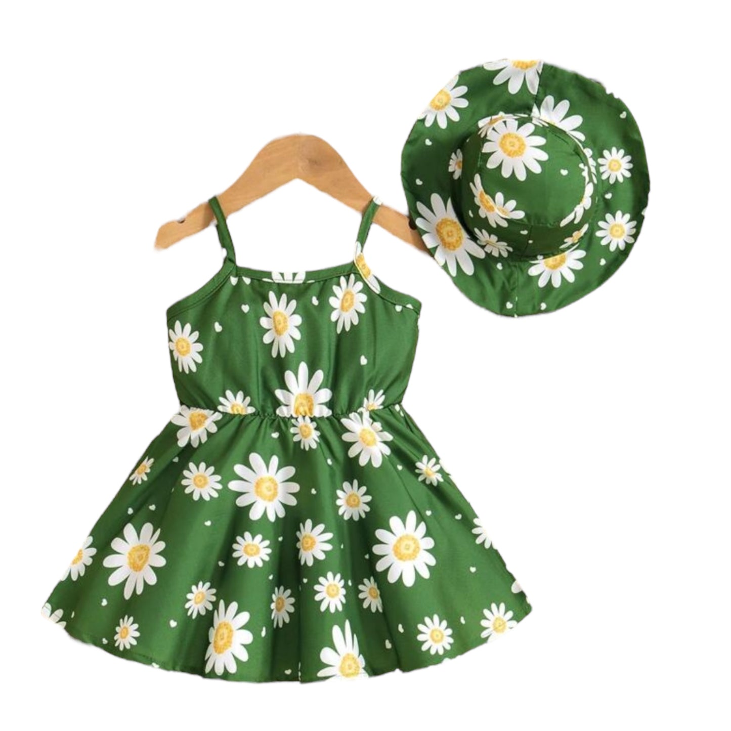 Baby Girl 2pcs Set, Daisy Print Spaghetti Straps Dress With Flared Hem, Matching Hat Perfect For Summer Vacation