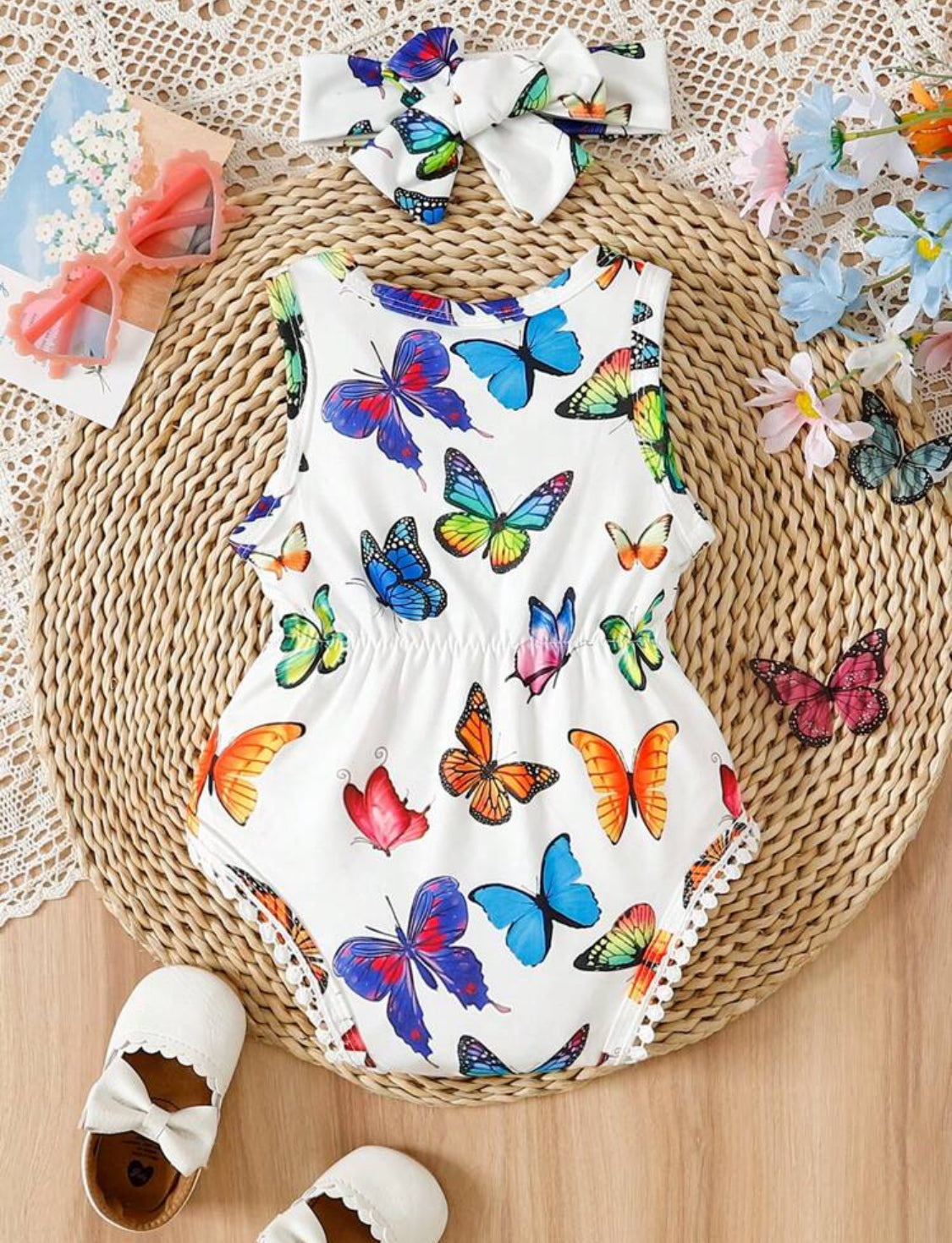 Baby Girls' Butterfly Printed Romper & Headband Set, Summer, Cute And Stylish