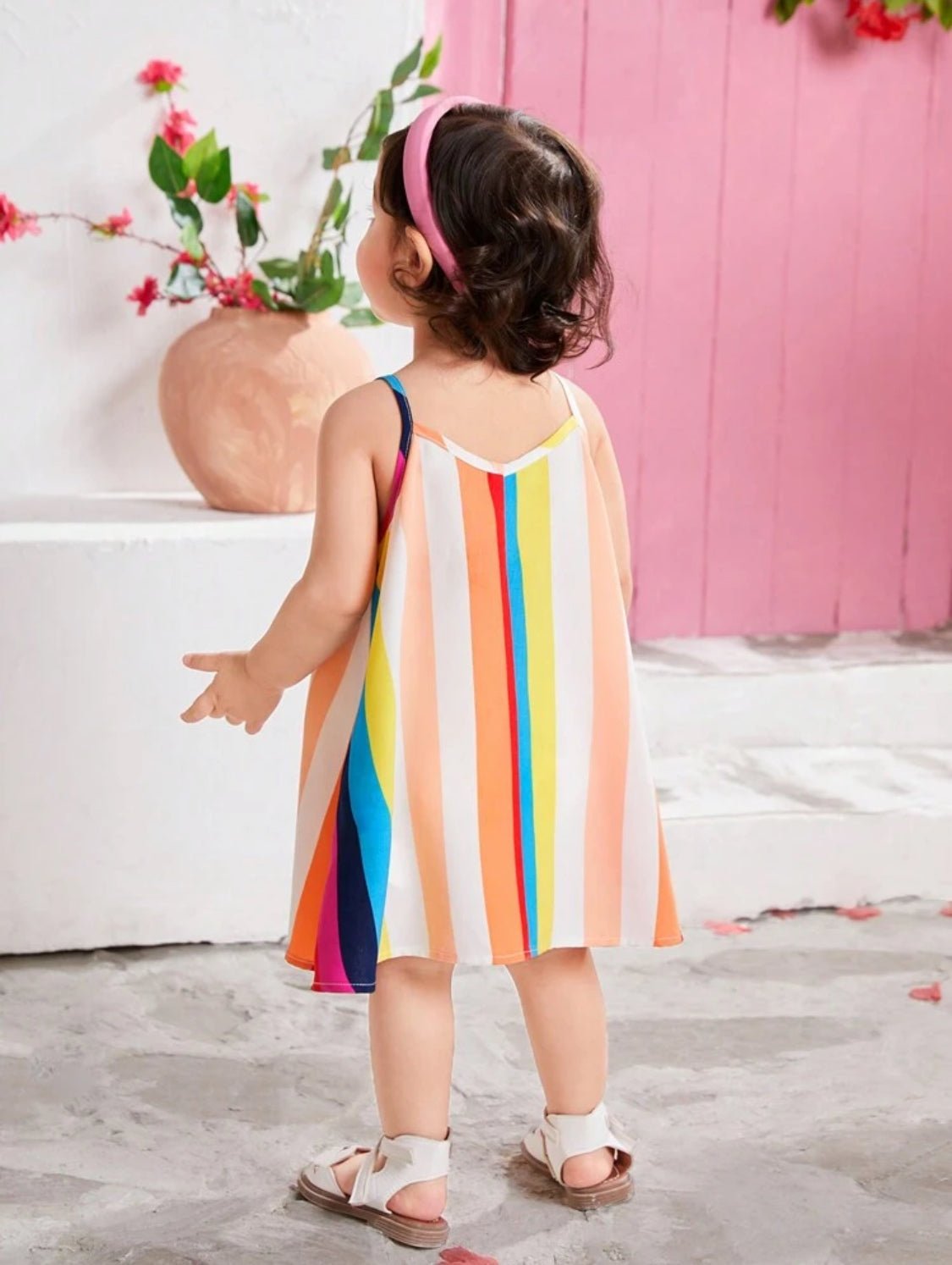 SHEIN Summer Holiday Baby Girl's Loose Fit Striped Print Spaghetti Strap Dress