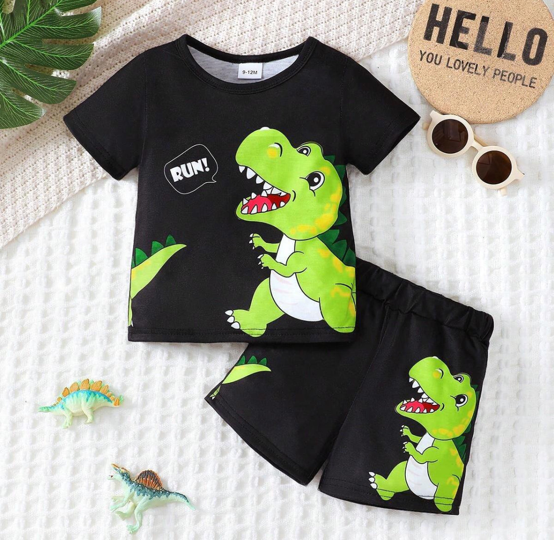 Baby Boys' Handsome Cute Cartoon Print Dinosaur Short Sleeve T-Shirt And Shorts Set