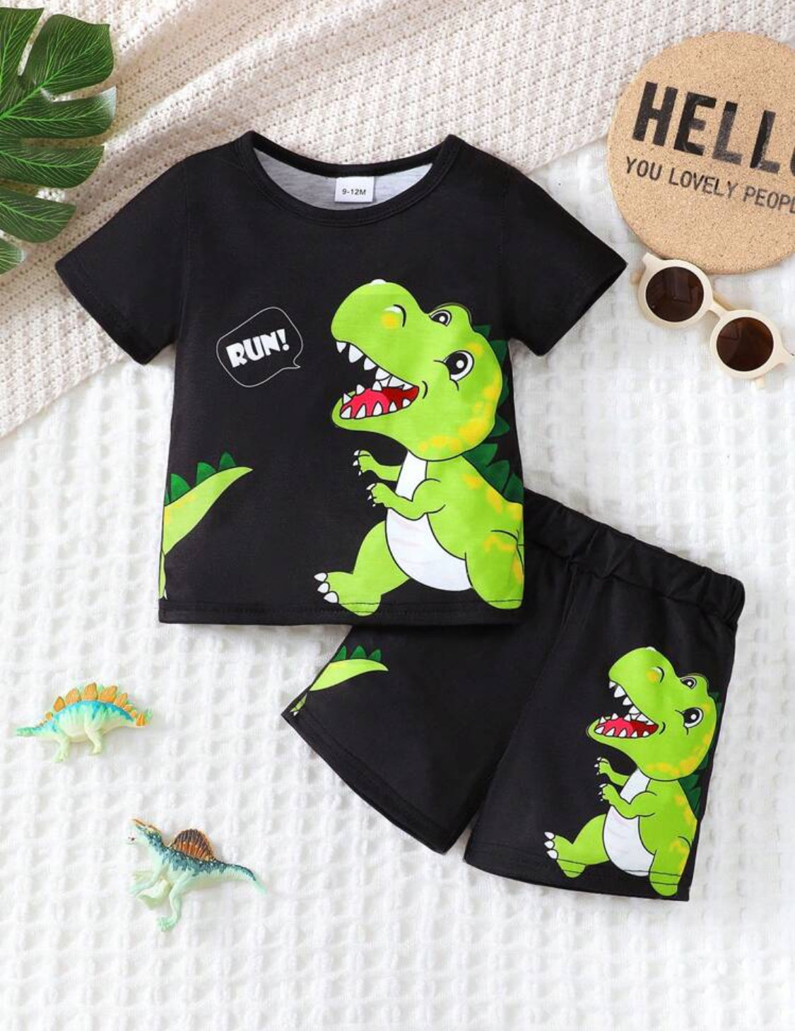 Baby Boys' Handsome Cute Cartoon Print Dinosaur Short Sleeve T-Shirt And Shorts Set