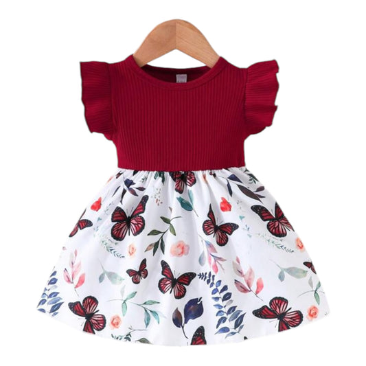 Baby Girl Elegant Rose & Butterfly Print Ruffle Trim Round Neck Dress, Summer