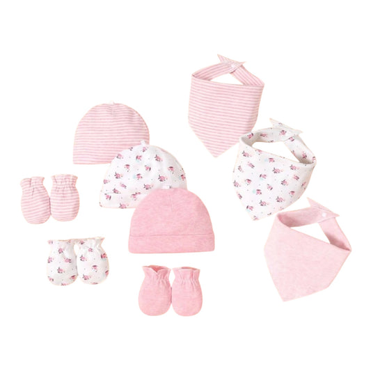 9pcs Newborn Infant Hat Set With Bibs 3pcs Hats 3pcs Mittens 3pcs Pink Floral