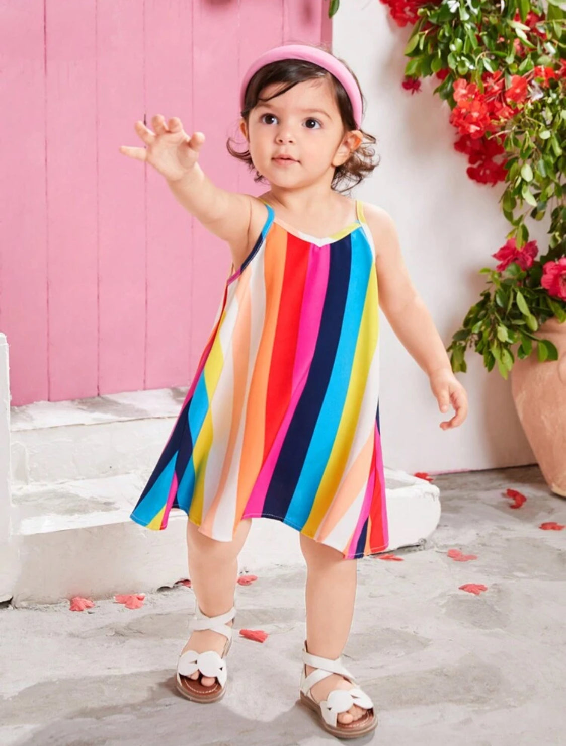 SHEIN Summer Holiday Baby Girl's Loose Fit Striped Print Spaghetti Strap Dress