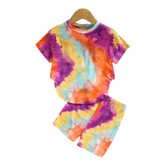 SHEIN Baby Girl Cute And Casual Tie-Dye Short Sleeve Knit Loose T-Shirt With Elastic Waist Shorts Set, Summer