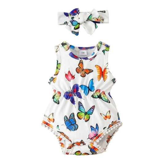 Baby Girls' Butterfly Printed Romper & Headband Set, Summer, Cute And Stylish