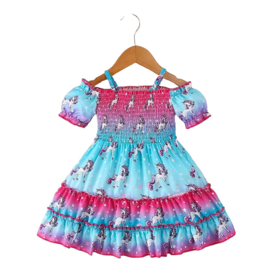 Infant And Toddler Girl Summer Style Horse Star Print Suspender Pleated Waist Dress