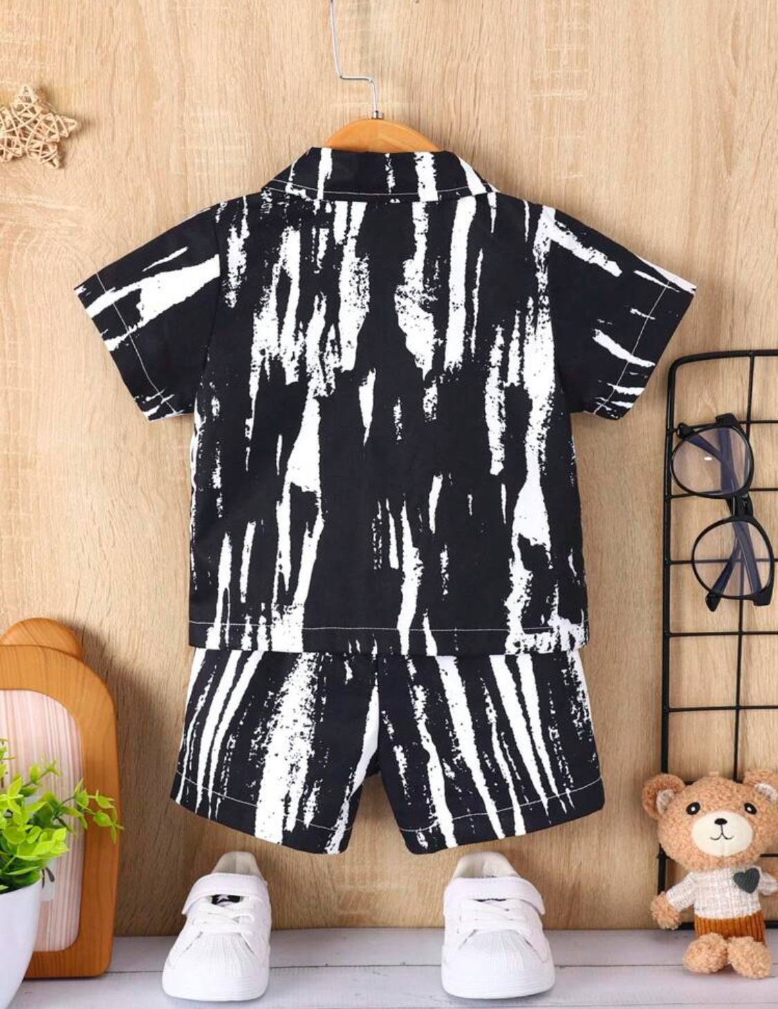 Baby Boy Brush Print Shirt & Shorts Without Tee