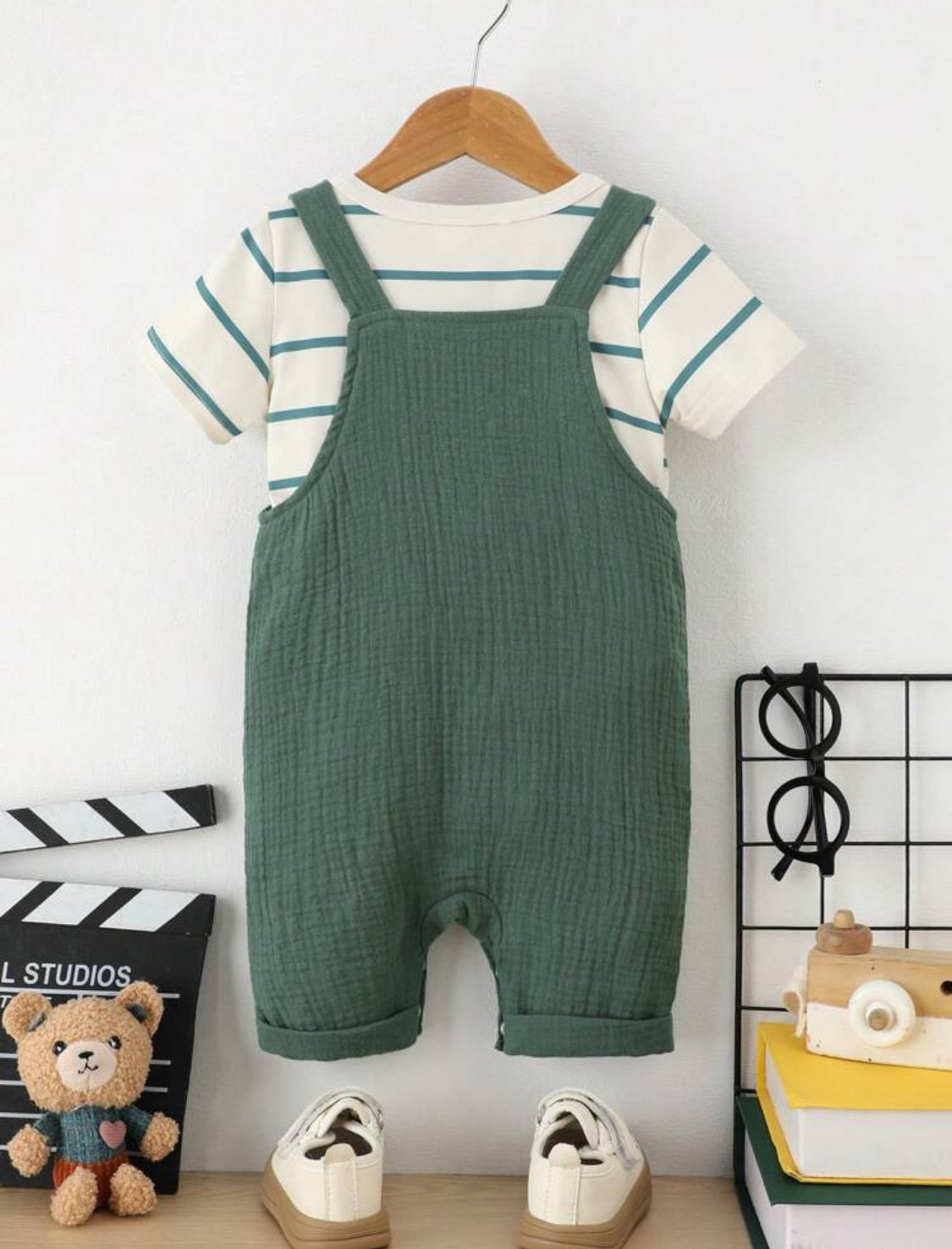 Baby Boy Cute Animal Embroidered Short Sleeve Top And Overalls Set, Summer