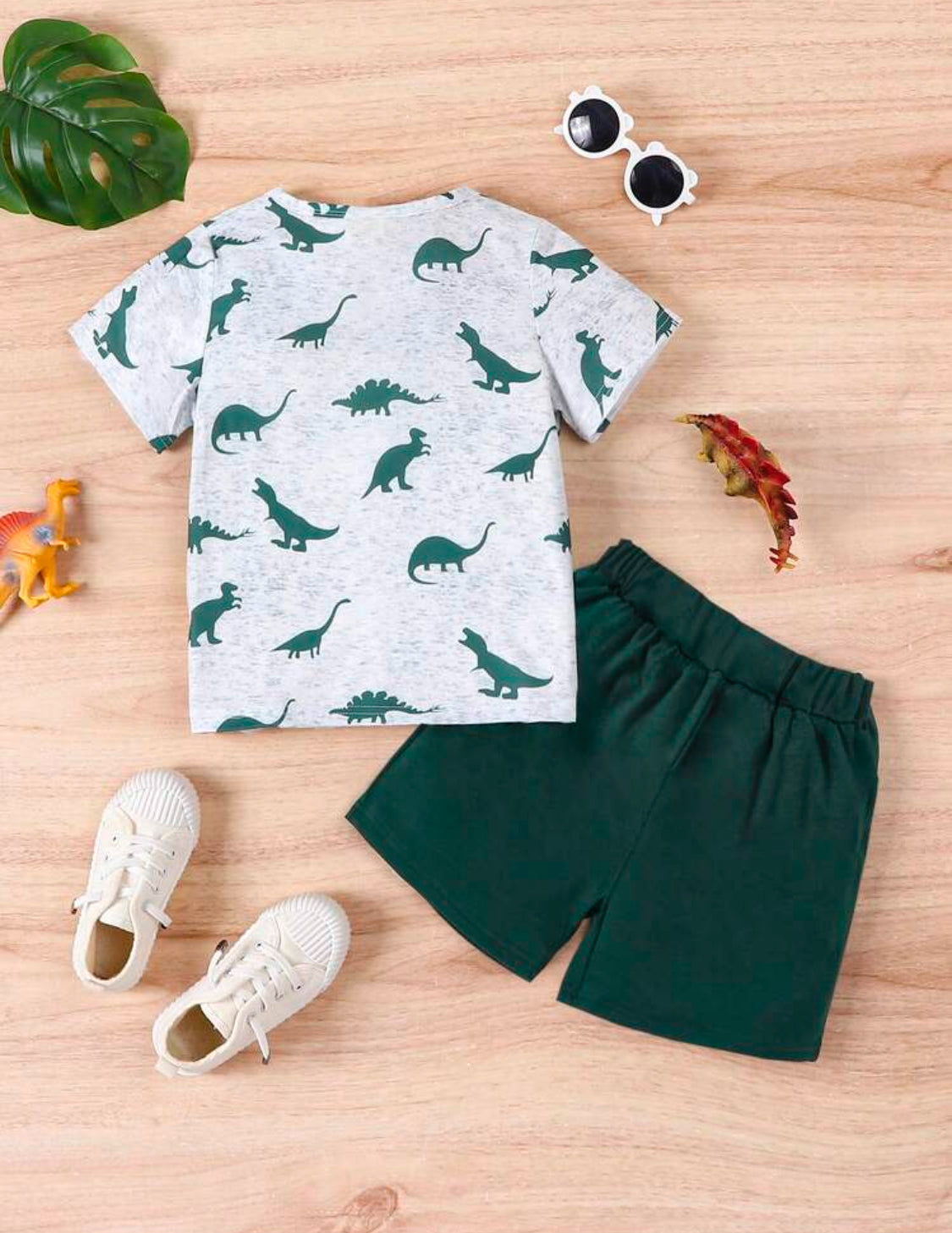 Baby Boys' Dinosaur Print Short Sleeve T-Shirt And Solid Color Shorts Set, Suitable For Spring And Summer