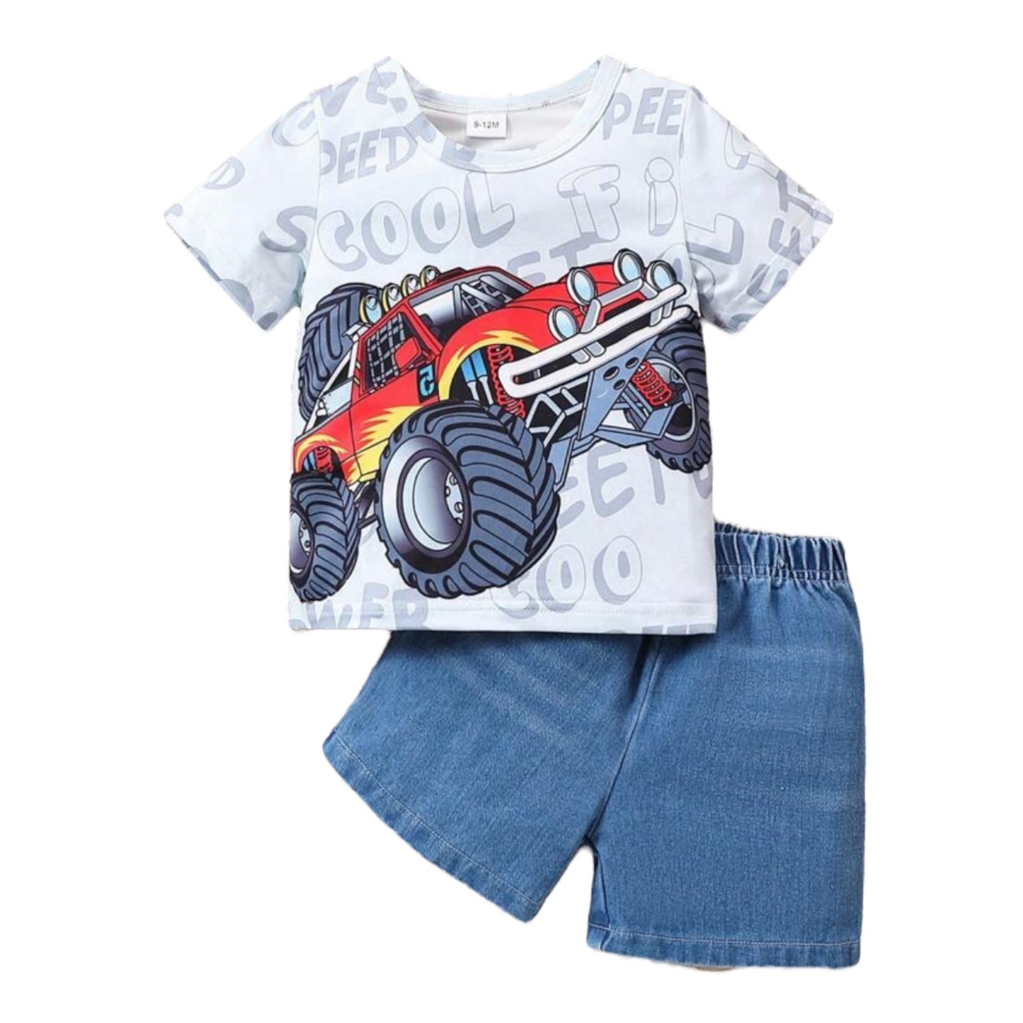 Baby Boy Cool Car Printed T-Shirt And Denim Shorts Set For Summer