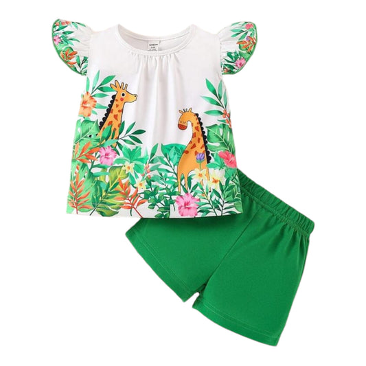 Baby Girl Summer Casual Giraffe Printed Flutter Sleeve Top And Solid Color Shorts Set