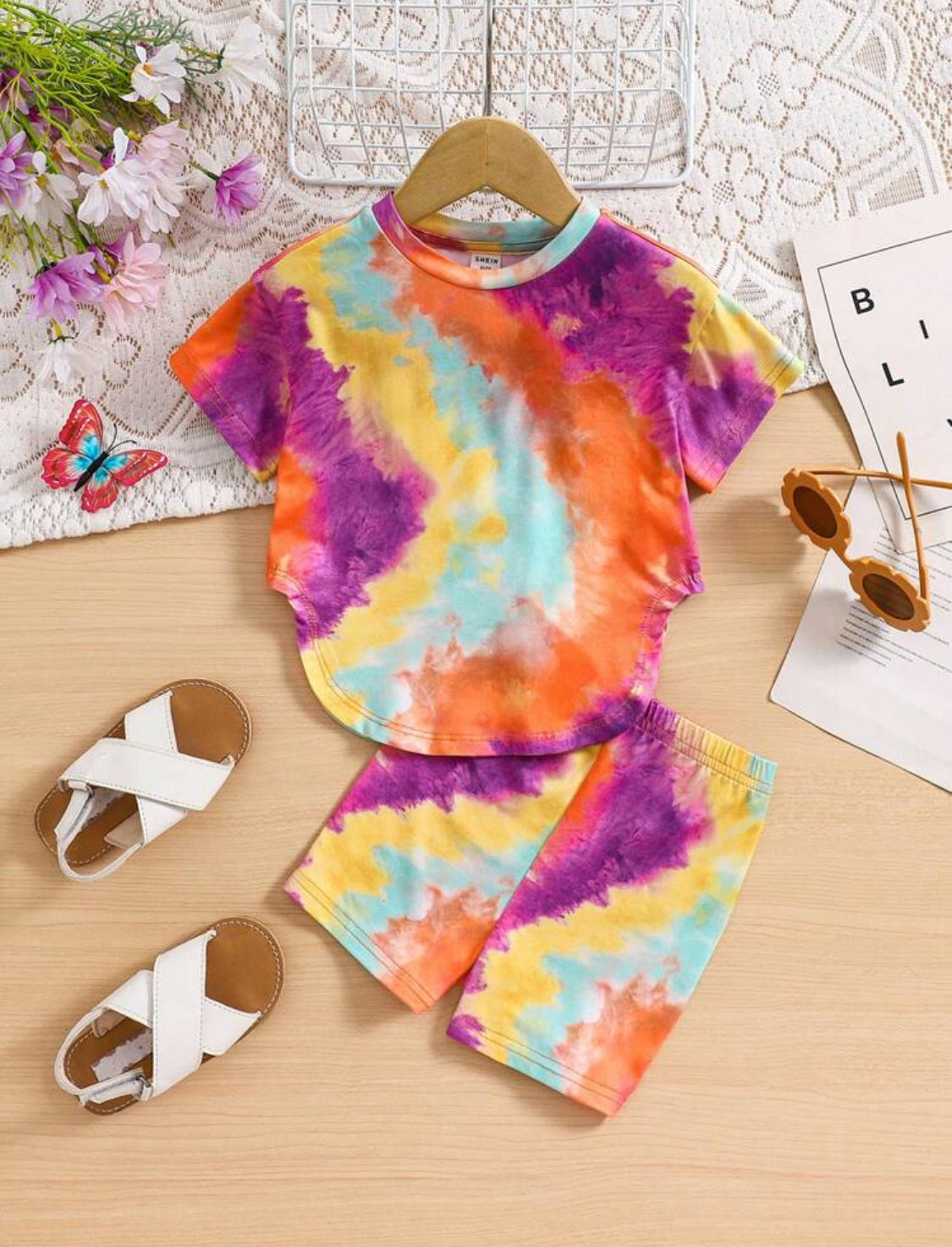 SHEIN Baby Girl Cute And Casual Tie-Dye Short Sleeve Knit Loose T-Shirt With Elastic Waist Shorts Set, Summer