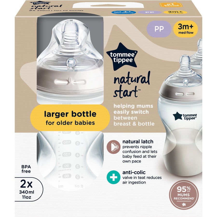 Tommee Tippee Baby Bottles, Natural Start Anti-Colic Baby Bottle with Medium Flow Breast-Like Teat 340ml 0m+ Self-Sterilising 2 Pack