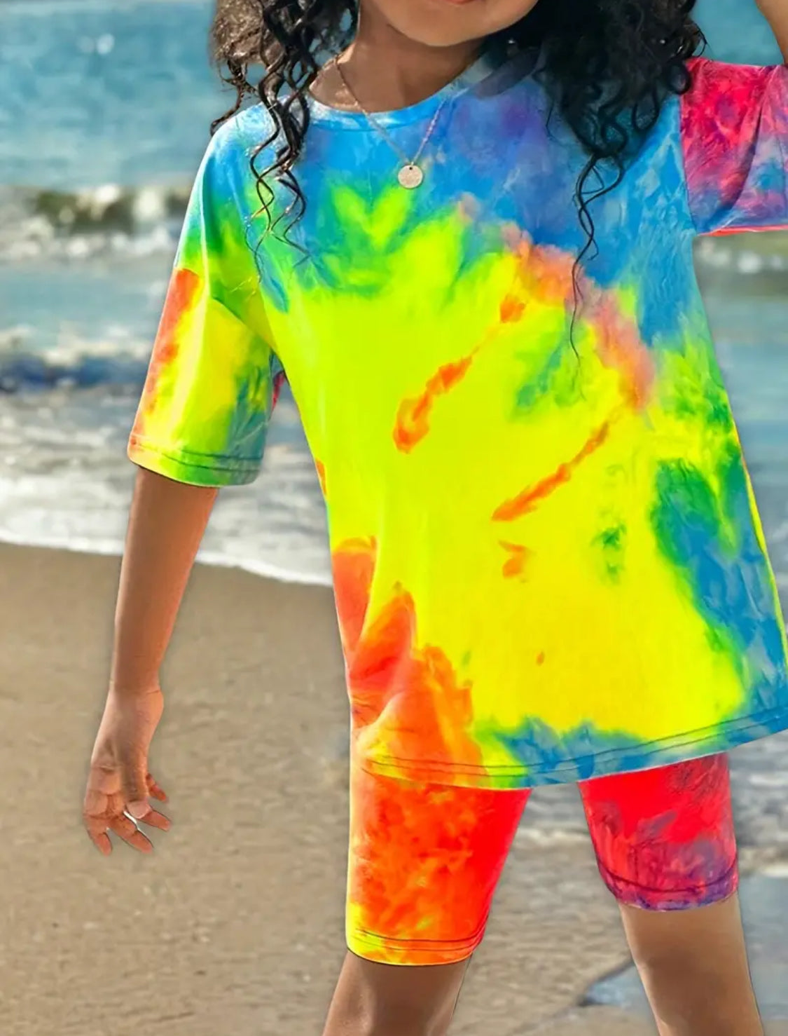 Tie Dye Outfit 2Pcs, Short Sleeve T-Shirt + Shorts Girls Outfit 1 Set - Ideal For Summer & Casual Outings