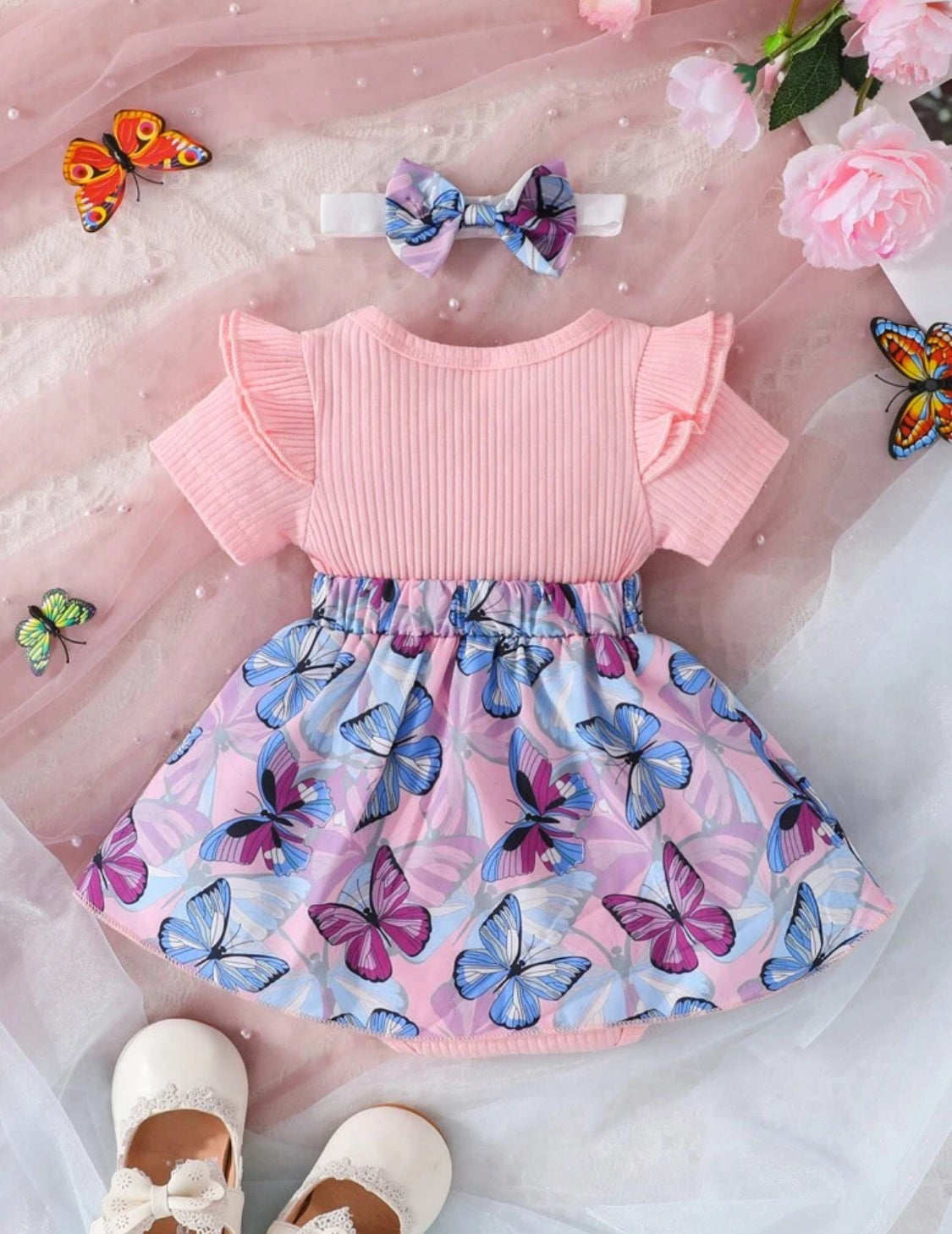 Summer Baby Girls Short Sleeve Cute Butterfly Printed Skirted Bodysuit