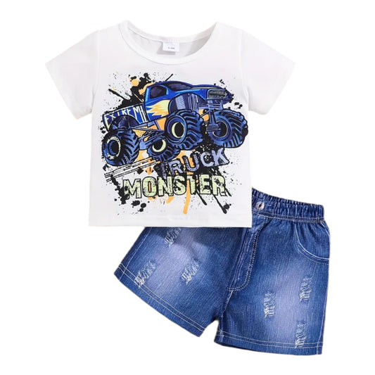 2pcs Baby Boys Toddler Short Sleeve T-Shirt & Denim Look Shorts Set, Casual Cool Monster Truck Print, Faux Button Pockets, Summer Outfit - Cute Style, Outdoor Cloth