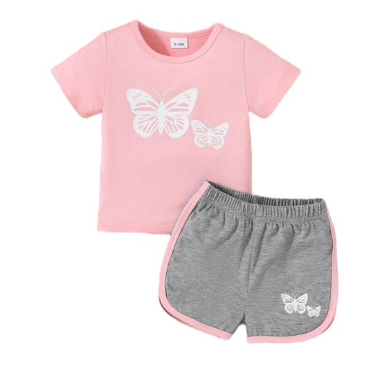 Spring Baby Girls' Pink Butterfly Printed Top And Sports Shorts, Suitable For Leisure And Daily Wear