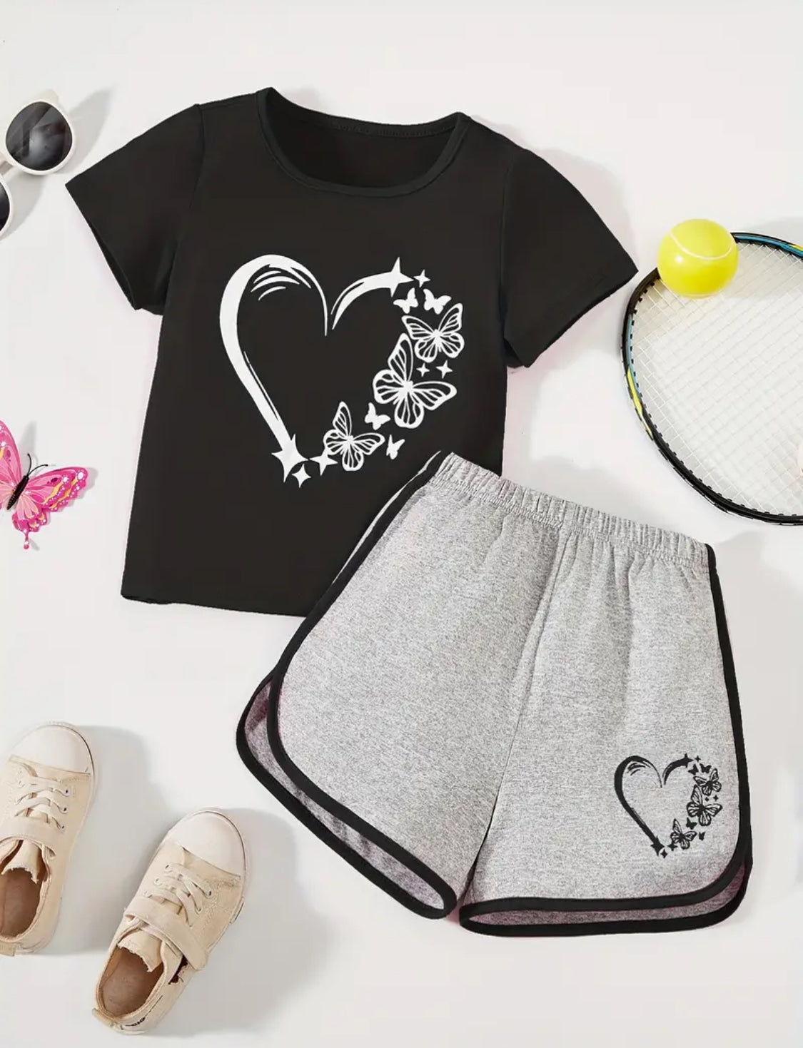 2pcs Charming Sweet Butterfly Heart T-Shirt & Shorts Outfit - Comfortable Short Sleeve Graphic Tee with Elastic Waist Shorts for Girls Summer Sporty Style