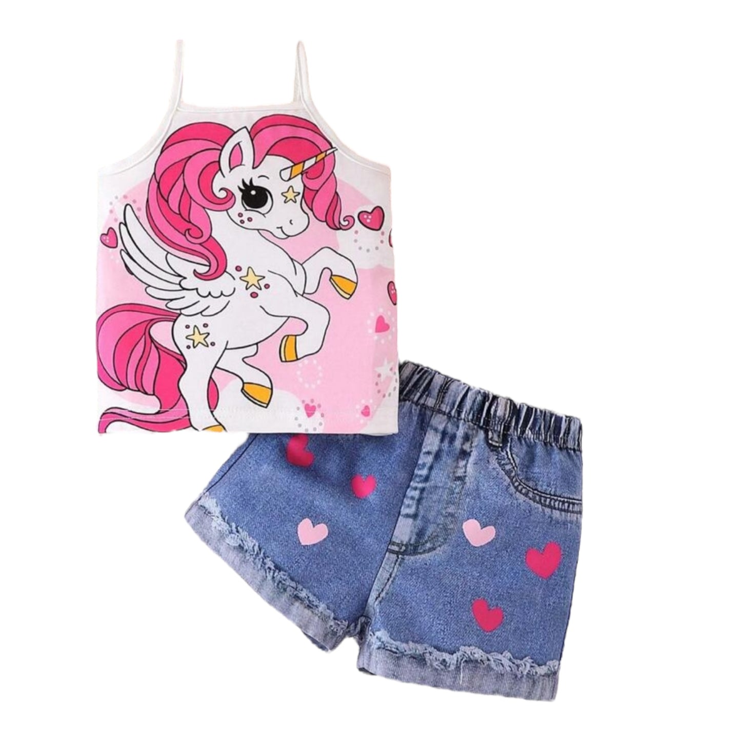 Baby Girl Summer Casual Unicorn Printed Tank Top And Denim Heart Print Shorts Set