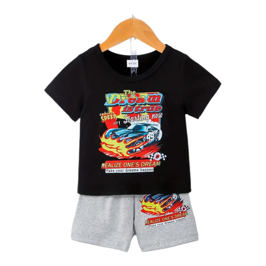 2-Piece Baby Boys Racing Adventure Outfit Set - Fun Cartoon Car Print, Comfortable Casual Tee & Stylish Grey Shorts