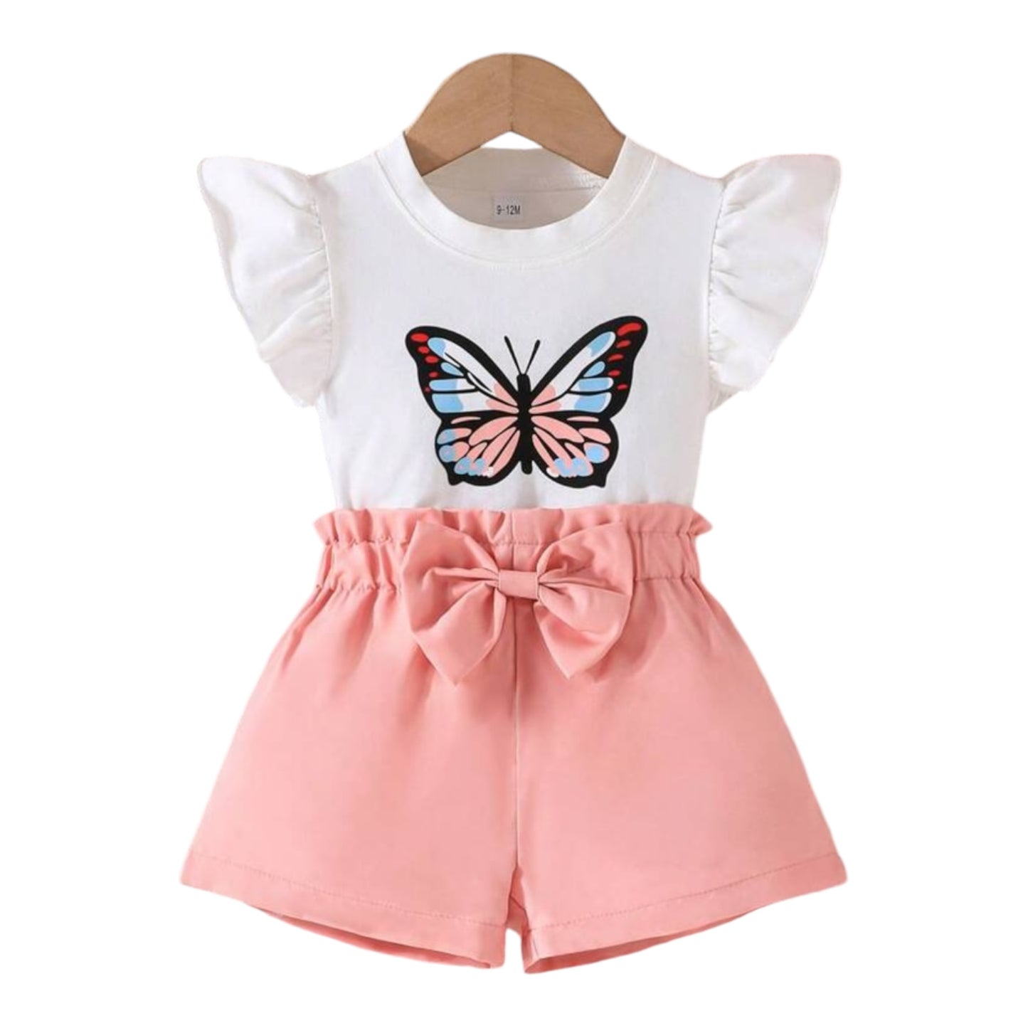 Baby Girls' White Butterfly Placement Print Short Sleeve Top + Pink Elastic Waist Bowknot Shorts, Cute Casual Summer Outfit