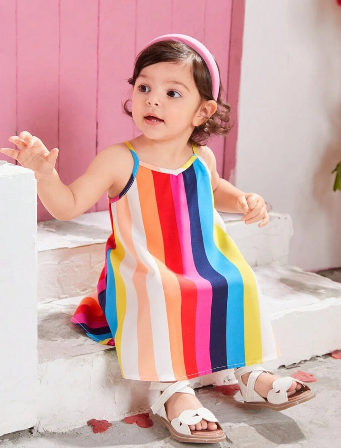 SHEIN Summer Holiday Baby Girl's Loose Fit Striped Print Spaghetti Strap Dress