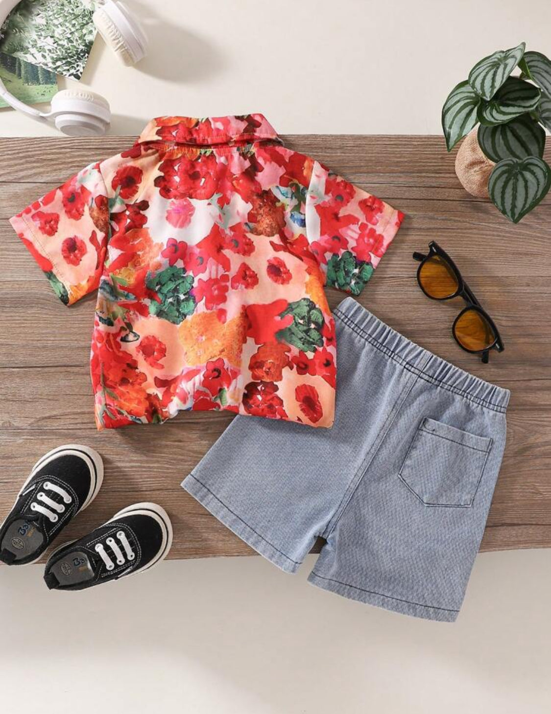 Baby Boys' Summer Printed Shirt And Denim Shorts Outfits Set, Casual Short Sleeve Top Two-Piece Suit