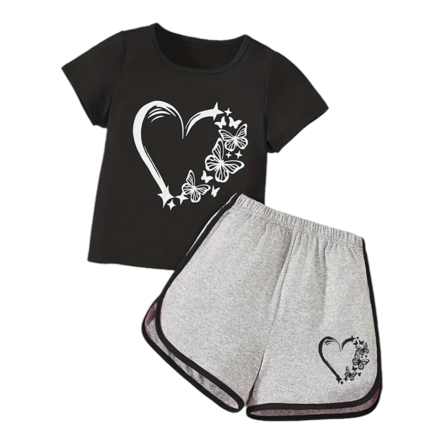 2pcs Charming Sweet Butterfly Heart T-Shirt & Shorts Outfit - Comfortable Short Sleeve Graphic Tee with Elastic Waist Shorts for Girls Summer Sporty Style